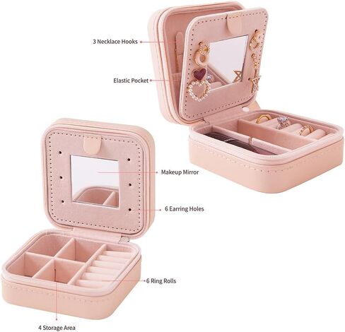 Travel Jewelry Case and Organizer with Mirror - Gift for Women Pink in Saudi Arabia