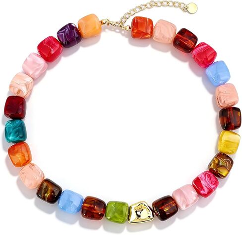 قلادة مطرزة مربعة ملونة للنساء - مجوهرات صيفية بوهو للشاطئ، قلادة مكتنزة من الراتنج خفيفة الوزن in Kuwait