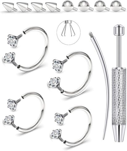 حلقات الأنف/الحاجز على شكل حدوة الحصان 8/10 مم 18 جرام/16 جرام/14 جرام مع أداة ومقبض كروي، لا تسبب الحساسية للأنف، الرخ، الغضروف، اللولب، الشفاه - الذهب الفضي 316L مجوهرات ثقب الحاجز الفولاذي الجراحي in Kuwait
