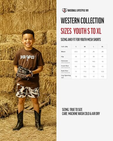 Baseball Lifestyle 101 Boy's Cowhide Curveball Mesh Shorts with Side Pockets and Elastic Waist, 5 in Inseam S-XL Sizes in Kuwait