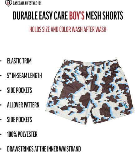 Baseball Lifestyle 101 Boy's Cowhide Curveball Mesh Shorts with Side Pockets and Elastic Waist, 5 in Inseam S-XL Sizes in Kuwait