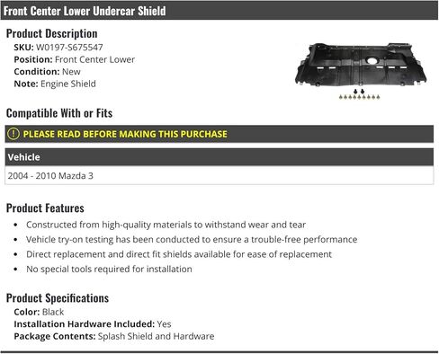 Front Center Lower Undercar Engine Shield Cover - Compatible with 2004-2010 Mazda 3 in Saudi Arabia