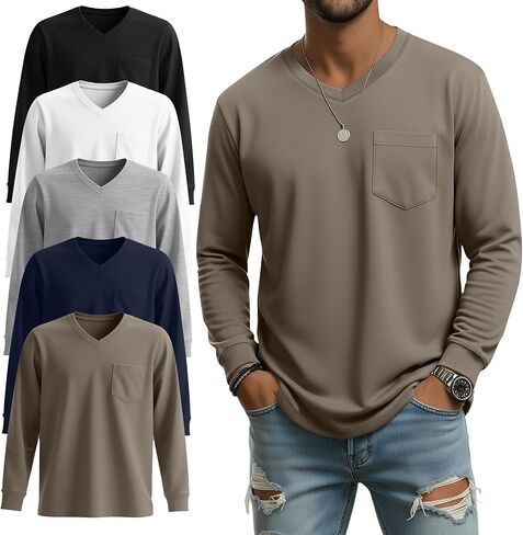 5 Pack Men's Big and Tall Shirts Long Sleeve V Neck Tee Casual Oversized Tops Loose Basic T Shirts with Pocket in Saudi Arabia