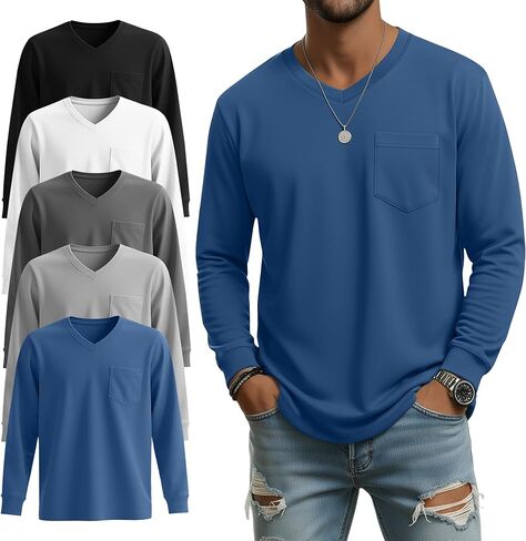 5 Pack Men's Big and Tall Shirts Long Sleeve V Neck Tee Casual Oversized Tops Loose Basic T Shirts with Pocket in Saudi Arabia
