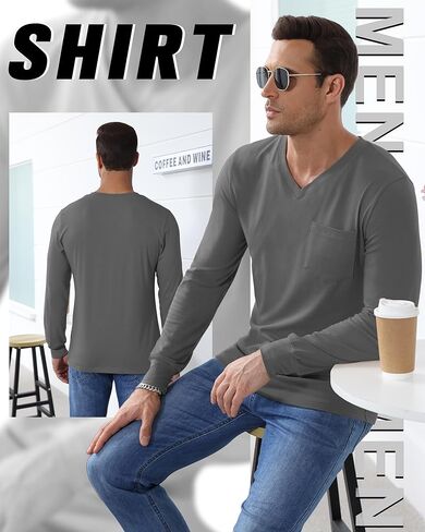 5 Pack Men's Big and Tall Shirts Long Sleeve V Neck Tee Casual Oversized Tops Loose Basic T Shirts with Pocket in Saudi Arabia