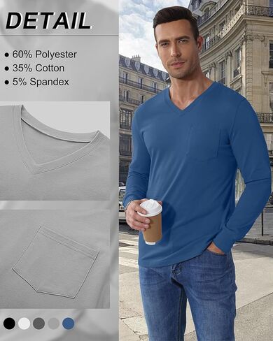 5 Pack Men's Big and Tall Shirts Long Sleeve V Neck Tee Casual Oversized Tops Loose Basic T Shirts with Pocket in Saudi Arabia