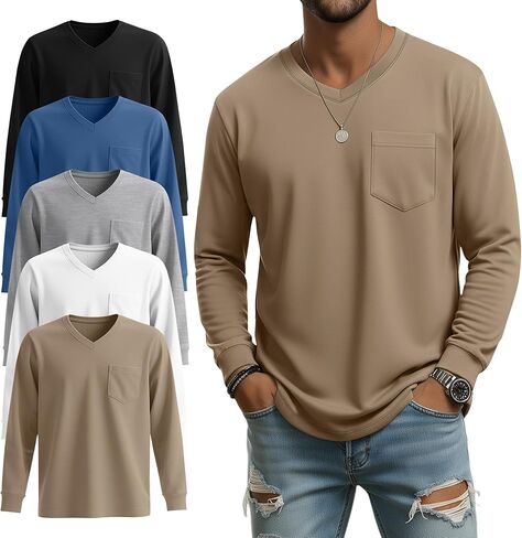 5 Pack Men's Big and Tall Shirts Long Sleeve V Neck Tee Casual Oversized Tops Loose Basic T Shirts with Pocket in Saudi Arabia