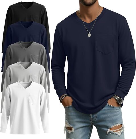 5 Pack Men's Big and Tall Shirts Long Sleeve V Neck Tee Casual Oversized Tops Loose Basic T Shirts with Pocket in Saudi Arabia