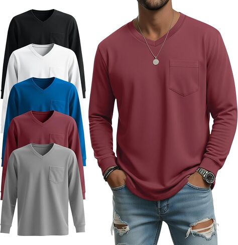5 Pack Men's Big and Tall Shirts Long Sleeve V Neck Tee Casual Oversized Tops Loose Basic T Shirts with Pocket in Saudi Arabia