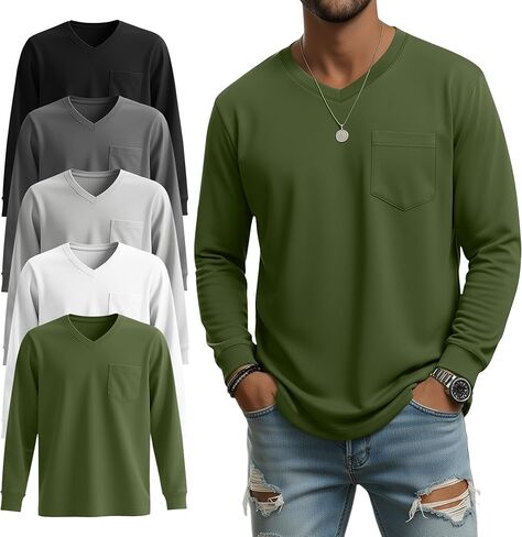 5 Pack Men's Big and Tall Shirts Long Sleeve V Neck Tee Casual Oversized Tops Loose Basic T Shirts with Pocket in Saudi Arabia