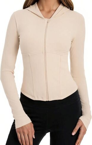 Auxo Women's Workout Jackets UPF 50+ Lightweight Zip Up Cropped Athletic Jacket Slim Fit Hooded Running Yoga Tops Thumb Holes in Saudi Arabia