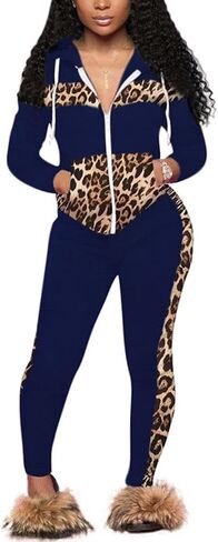 CCIGO Women's 2 Piece Outfits Sweatsuits Zip-up Hoodie Casual leopard Print Patchwork Jogger Tracksuit Set with Pockets in Saudi Arabia