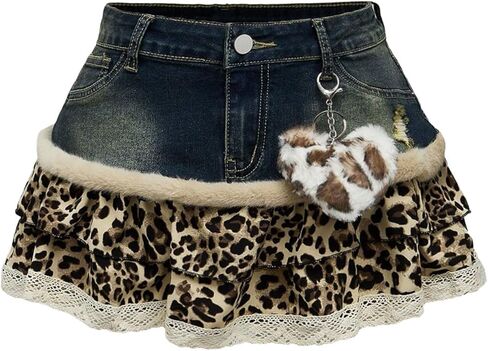 Wdirara Women's Y2K Leopard Print Denim Mini Skirt Mini Guizy Liked A Shown in Saudi Arabia