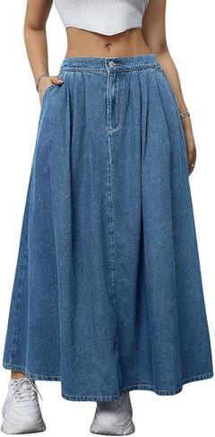 ebossy Women's Casual Pleated Back-Elastic Waist A-line Flowy Draped Maxi Denim Skirts with Pockets in Saudi Arabia