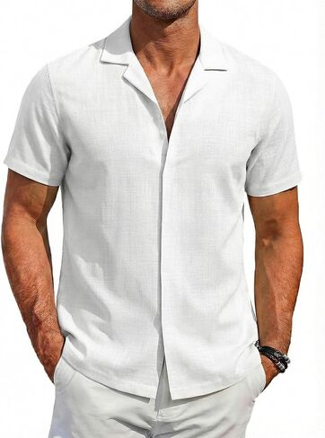 COOFANDY Men's Cotton Shirts Short Sleeve Button Down Shirts Casual Beach Summer Cuban Collar Shirt in Saudi Arabia