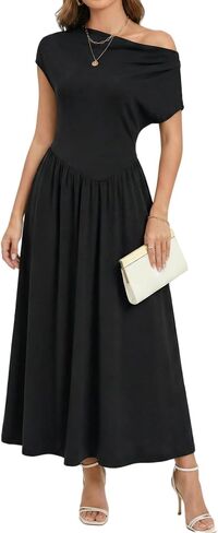 Dokotoo Womens Summer Dresses Elegant Sleeveless Cowl Neck One Shoulder Formal Cocktail Pleated Maxi Dress in Saudi Arabia