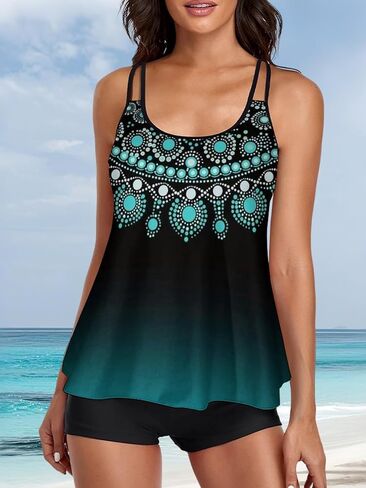 Womens 2 Piece Tankini Swimsuits Tummy Control Tank Top with Boyshort in Saudi Arabia