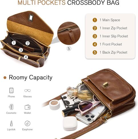حقائب كروس للنساء من الجلد الطبيعي مع جيوب متعددة، حقائب يد نسائية صغيرة عتيقة عبر الجسم in Kuwait