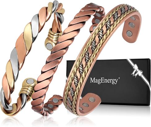 MagEnergy Copper Bracelets for Women Men, Set of 3 Pcs, Magnetic Therapy, Handmade 100% Copper Cuff Bracelet, Jewelry Gift Box in Saudi Arabia