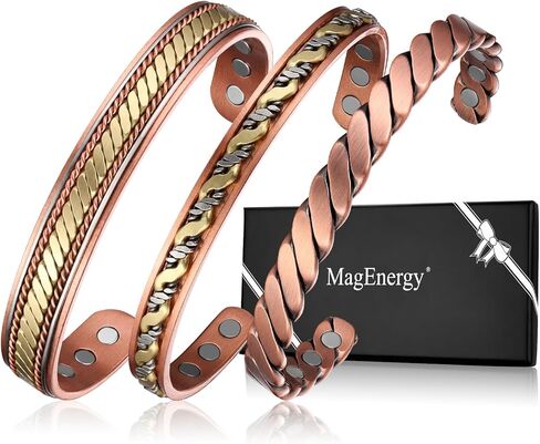 MagEnergy Copper Bracelets for Women Men, Set of 3 Pcs, Magnetic Therapy, Handmade 100% Copper Cuff Bracelet, Jewelry Gift Box in Saudi Arabia