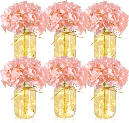4 Sets Mason Jar with Lights White Hydrangea Decorative White Centerpieces for Tables Mason Jars Flowers Decorations LED Farmhouse Vase for Home Wedding Event Party Decor in Saudi Arabia