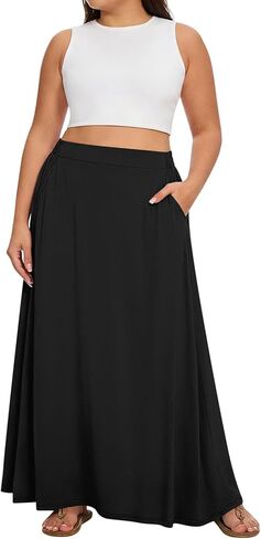 تنورة Yincro النسائية الطويلة بمقاس كبير مرنة عالية الخصر كاجوال على شكل حرف A تنانير طويلة واسعة مع جيوب in Kuwait