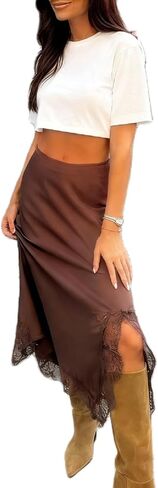 Women Lace Satin Maxi Skirt Silk Lace Trim Asymmetric Flowy A Line Skirts Side Slit Y2k Going Out Streetwear in Saudi Arabia