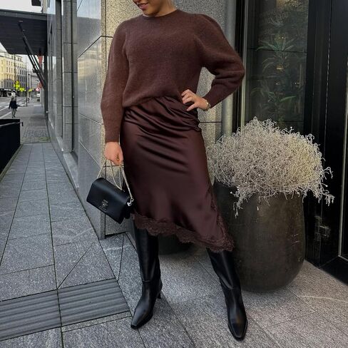 Women Lace Satin Maxi Skirt Silk Lace Trim Asymmetric Flowy A Line Skirts Side Slit Y2k Going Out Streetwear in Saudi Arabia