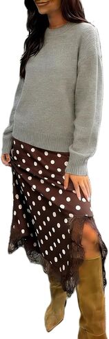 Women Lace Satin Maxi Skirt Silk Lace Trim Asymmetric Flowy A Line Skirts Side Slit Y2k Going Out Streetwear in Kuwait