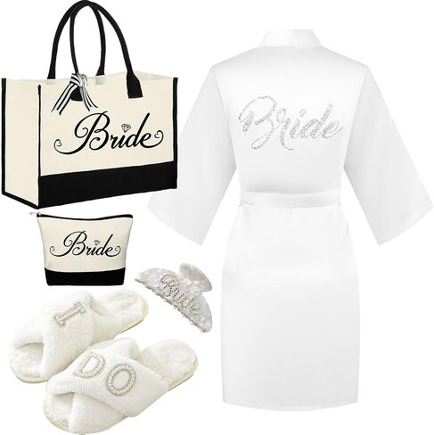 Bride to Be Gifts, Bridal Shower Gifts, Wedding Gift, Bride Tote Bag Makeup Bag Robe Slippers Hair Clip I Do Slippers Wedding Robe Cosmetic Bag in Kuwait