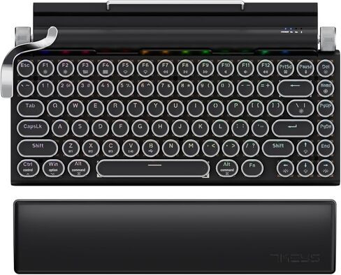 7KEYS لوحة مفاتيح الآلة الكاتبة اللاسلكية، لوحة مفاتيح بلوتوث قديمة لجهاز IPAD، طراز ميكانيكي صغير عتيق مع مسند راحة اليد من الجلد مدمج ومحمول، إضاءة خلفية LED بيضاء قابلة لإعادة الشحن لجهاز MAC/PC/الكمبيوتر المحمول in Kuwait