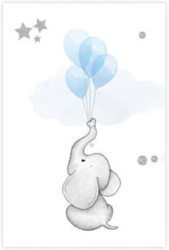 Watercolor Elephant Trunk Balloon Poster, Star Accent Wall Art for Nursery, Charming Kids Room Decor Print Unframe 20x30inch in Saudi Arabia