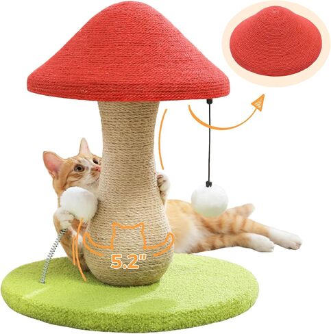 PETEPELA Mushroom Cat Scratching Post, Cat Scratcher Cute with 100% Sisal Covered Scratching Post & Pompoms Cat Toy, Mushroom Cat Post for Indoor Cats in Kuwait