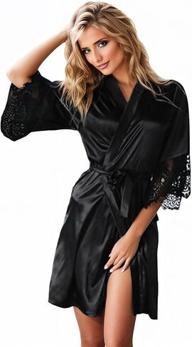 Women'S Sexy Robe Kimono Silk Robe 3/4 Sleeve Short Kimono Satin Robse for Women Nightgown Black Onesize 2-8 in Saudi Arabia
