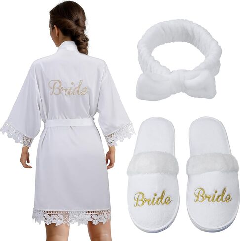 طقم روب العروس - روب العروس ليوم الزفاف - صندوق العروس مع شباشب وعصابة رأس - هدية من وصيفة العروس أو حفلة الزفاف in Kuwait