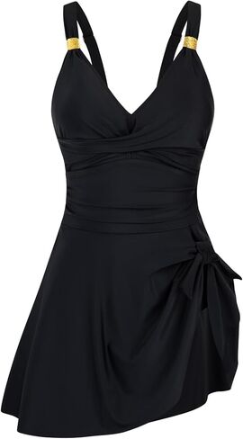 HUSKARY المايوه للنساء 2026 قطعة واحدة التحكم في البطن التغطية الكاملة فستان السباحة Ruched الذهب معدن التعادل عقدة لباس سباحة in Kuwait