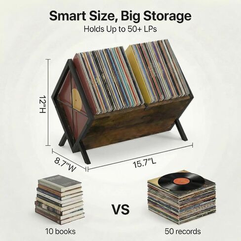 AVOKIHI Vinyl Record Storage Holder - Holds 50+ LPs, Sturdy Metal & Wood Record Rack for Album Display, Easy Assembly Desktop Vinyl Stand for Office & Home Decor in Saudi Arabia
