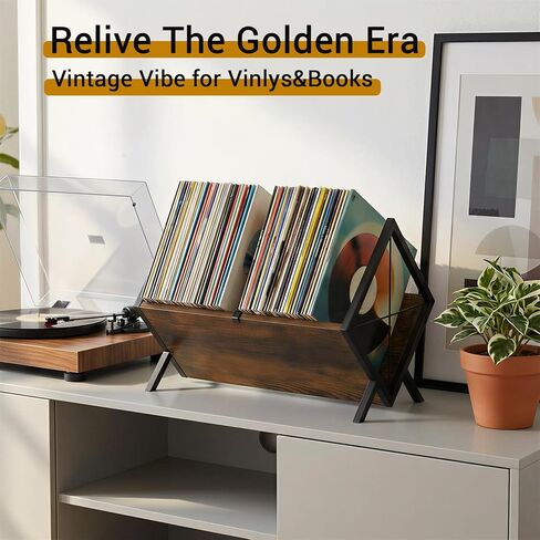 AVOKIHI Vinyl Record Storage Holder - Holds 50+ LPs, Sturdy Metal & Wood Record Rack for Album Display, Easy Assembly Desktop Vinyl Stand for Office & Home Decor in Saudi Arabia