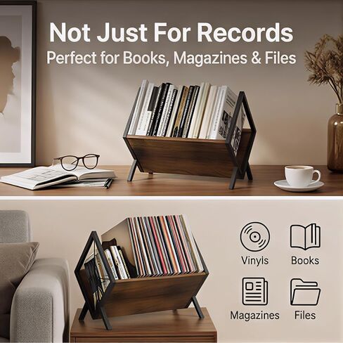 AVOKIHI Vinyl Record Storage Holder - Holds 50+ LPs, Sturdy Metal & Wood Record Rack for Album Display, Easy Assembly Desktop Vinyl Stand for Office & Home Decor in Saudi Arabia