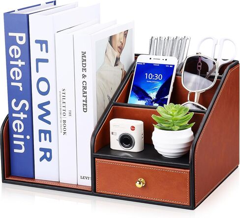 منظم مكتب من جلد البولي يوريثان من GORESE، منظم ملفات مع درج و4 مقصورات، منظمة سطح المكتب مع حامل ملفات المجلات للوازم المكتبية، هدية أنيقة للرجال الذين لديهم كل شيء، أسود in Kuwait