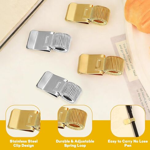 4-Pack Pen Clipboard Holder - Gold and Silver Metal Pencil Holder Clips - Adjustable Pen Clip Organizer with Single Spring Loop for Notebook, Clipboard Office Supplies in Saudi Arabia
