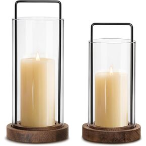 مجموعة هوموري مكونة من 2 حامل شموع على شكل إعصار مقاس 30.48 سم و25.4 سم مع قاعدة خشبية ومقبض معدني وأسطوانة زجاجية لديكور المزرعة الحديثة لتزيين المنزل، قطع مركزية للطاولة in Kuwait