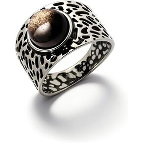 HAIXIAN Natural Black Obsidian Hammered Textured Wide Band Ring,Retro Sterling Silver Statement Thumb Index Chunky Cocktail Party Boho Bohemian Jewelry for Women in Saudi Arabia