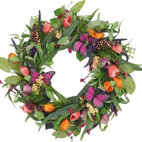 TEMPUS 22 Inch Artificial Wreaths for Front Door with Tulip Wreath, Butterfly, Lavender and Eucalyptus, Vivid Floral for Wall Window Farmhouse Party Holiday Home Décor in Saudi Arabia