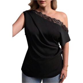 بلوزات Floerns النسائية ذات الحجم الكبير الأنيقة ذات حواف من الدانتيل للصيف بدون أكتاف، بلوزات كاجوال أنيقة in Kuwait