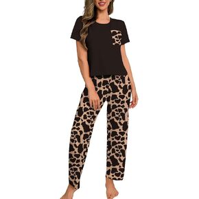 Women's Pajama Set Soft Short Sleeve Tshirt & Wide Leg Pants Cute Print Summer Sleepwear for Ladies Loose Fit 2-Piece in Saudi Arabia