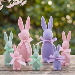 7 Pcs Pastel Easter Bunny Flocked Resin Figurines Set, 3 Sizes Pastel Flocked Rabbits Spring Table Decorations for Tiered Tray, Shelf, Home Easter Decor (Multicolor) in Saudi Arabia