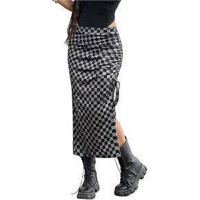 تنورة SHENHE النسائية ذات المربعات ذات فتحة متوسطة عالية الخصر ورباط مكشكش تنورة ضيقة للخريف in Kuwait