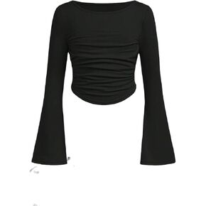 Girl's Long Bell Sleeve Shirt Fall Ruched Slim Fit Solid Tees Casual Basic Corp Tops Blouse Kid Going Out Tops 8-12Y in Kuwait