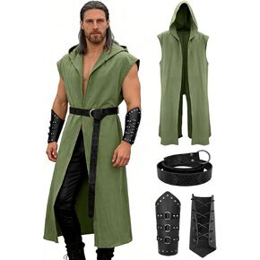 مجموعة أزياء عصر النهضة الرجالية من Verceco - زي القرون الوسطى/عصر النهضة للرجال مع معطف بغطاء للرأس وحزام جلدي ودعامات in Kuwait